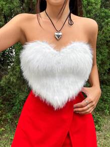 SHEIN EZwear Women'S Heart Shaped Furry Strapless Top - White - View 5