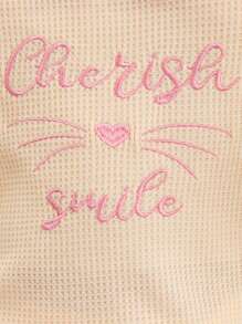 SHEIN Tween Girl 寬鬆休閒式肋紋坦克背心帶字印花,簡約百搭 - 杏色 - 查看 6