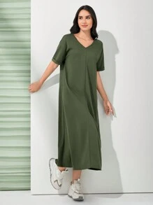 Mulvari Women's Letter Print Drop Shoulder Loose Fit Dress - Army Green - View 2