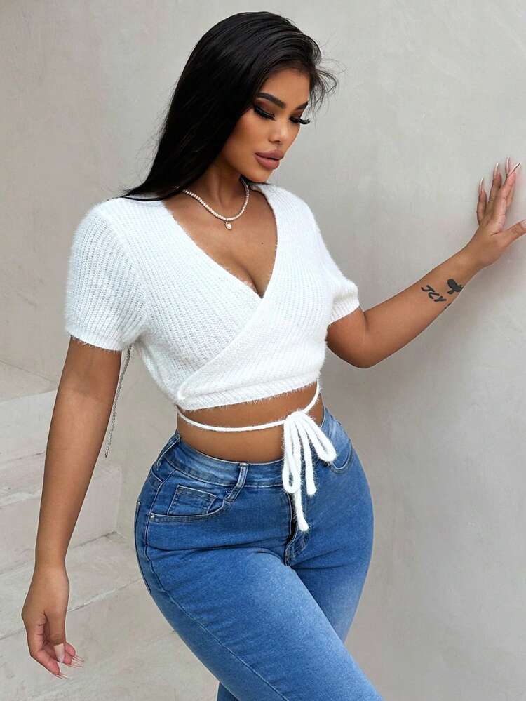 Cross Front Lace-Up Short Sleeve Knit Top