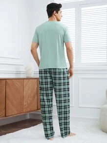Nam Kiểm tra Mẫu Ngắn tay Áo Và Dài Quần Bộ mặc nhà Với túi - Màu xanh nhạt - Xem 2