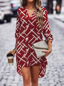 SHEIN Clasi Allover Print Roll Tab Sleeve High Low Hem Dress For New Year Clothes