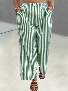 SHEIN Clasi 大碼條紋圖案闊腿褲 - 綠色 - 查看 4