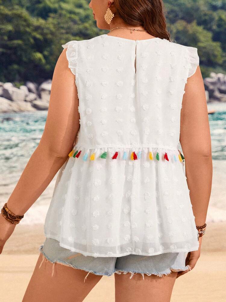 Plus Size Women's Fringe Hem Cap Sleeve Shirt With Patchwork Detail