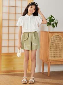 SHEIN Chemise Pour Fille Préadolescente À Manches Évasées À Volants Et À Coupe Droite Unie