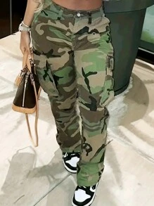 Jeans casuales rectos y holgados de mezclilla tipo cargo con camuflaje para niñas adolescentes