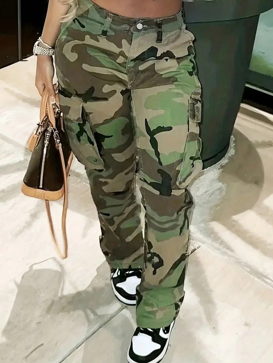Jeans casuales rectos y holgados de mezclilla tipo cargo con camuflaje para niñas adolescentes