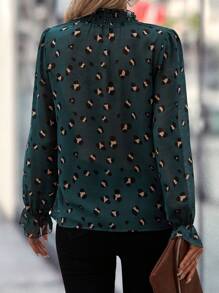 SHEIN Clasi Allover Print Flounce Sleeve Frill Trim Blouse,Long Sleeve Tops Fall Cloth For Women