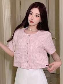 DAZY Women's Short-Sleeved Button-Up Jacket With Front Pockets - Pink - View 3