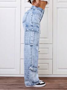 SHEIN ICON Washed Denim Cargo Pants - Medium Wash - View 2