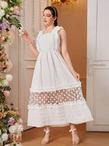 Teen Girl Polka Dot Mesh Joint Ruffle Detail Dress - White - View 7