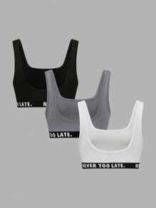 SHEIN Unity 3入組有字母修飾的無袖上衣 - 黑色 - 查看 2