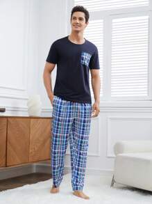 男士格紋印花家居服套裝 - 藏蓝色 - 查看 1