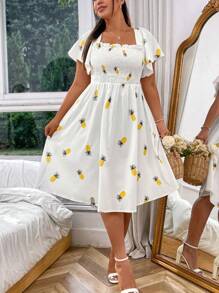 Flirla Plus Size Boho Pineapple Print Butterfly Sleeve Dress, For Summer - White - View 4