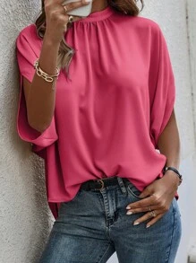 EMERY ROSE Tie Back Batwing Sleeve Solid Blouse - Hot Pink - View 3