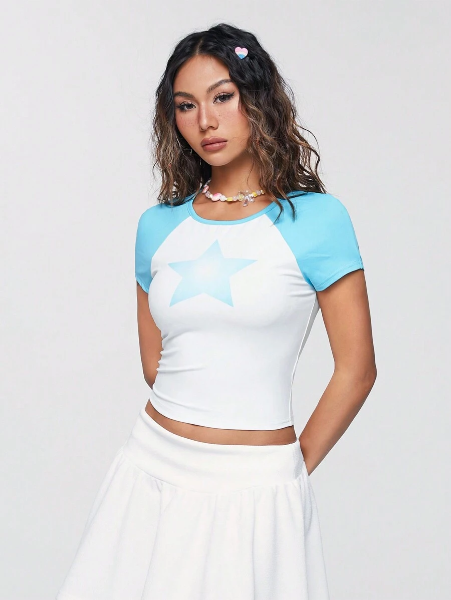 SHEIN Qutie Khối màu Ngôi sao In Y2K Ngắn tay Áo thun Đối với phụ nữ - Màu xanh lam - Xem 1
