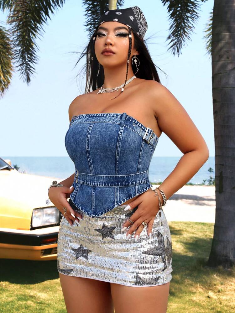 Plus Size Denim Strapless Asymmetrical Hem Top