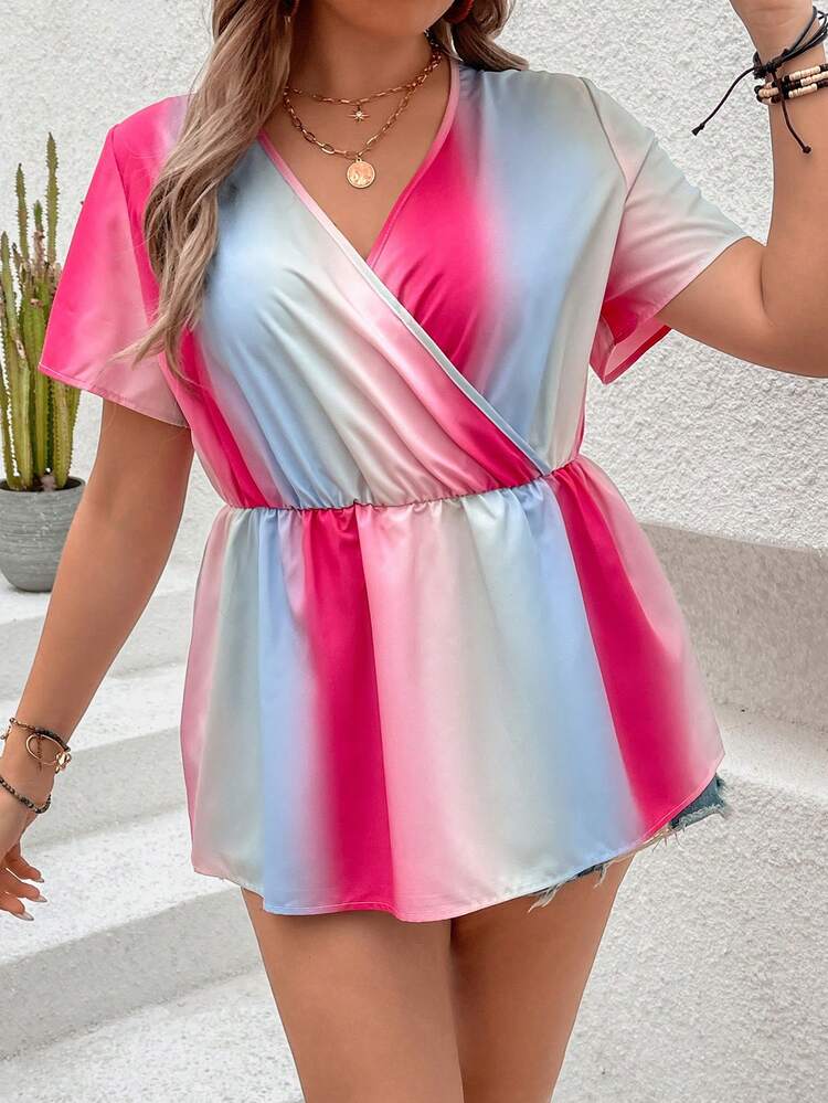 Women's Color Block V-Neck Ruffle Hem Blouse