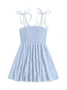 Soleia 女士單色紋理褶皺胸衣露背打結綁帶連褲裙 - 淺藍色 - 查看 3