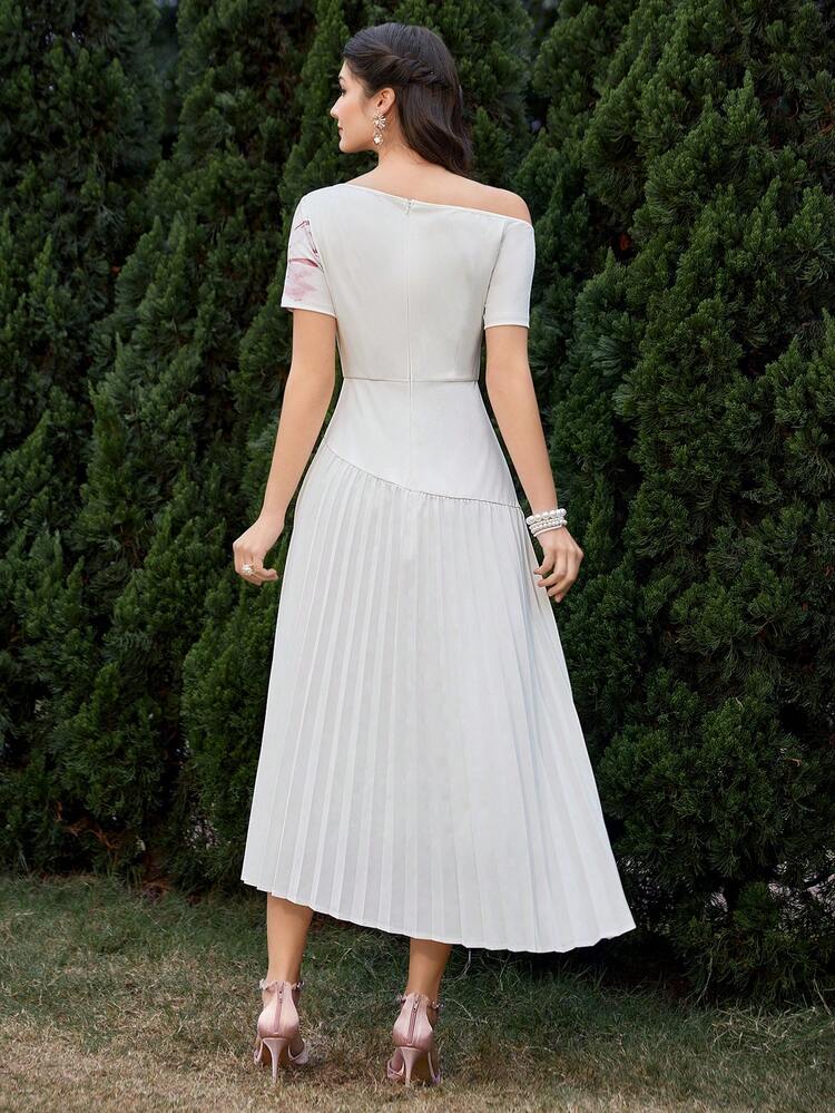 Women's Floral Printed Asymmetric Collar Dress Long Evening Dresses