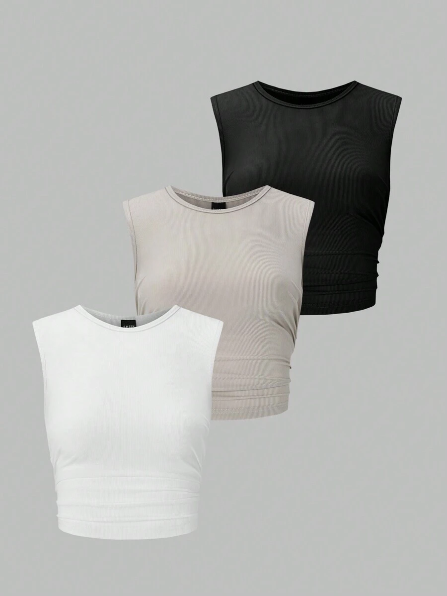 SHEIN Essnce 女式褶皺側邊肋紋坦克上衣 - 彩色 - 查看 1