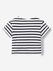 SHEIN Baby Boy's Casual & Versatile Knitted Striped Round Neck Short Sleeve Top - White - View 2