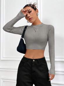 Flirla Women Sweaters Rib-Knit Plain Casual - Grey - View 4
