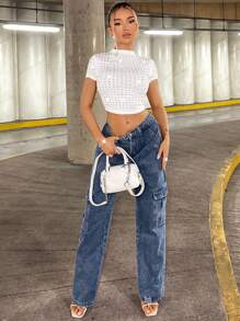 SHEIN BAE Tricou scurt slim fit, cu decolteu rotund, decorat cu strasuri, pentru festivalul de muzică country