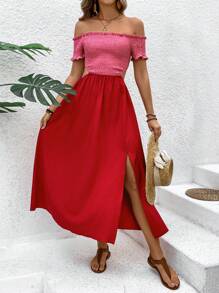 Breezaya Color Block Off Shoulder Hollow Out Shirred Bodice Dress