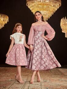 SHEIN Leap Crew 2 sztuki Tween Girl Casual Stand Collar Asymetryczna koszula z falbaniastym dołem rękawów i spódnica żakardowa - Brudny różowy - Zobacz 2