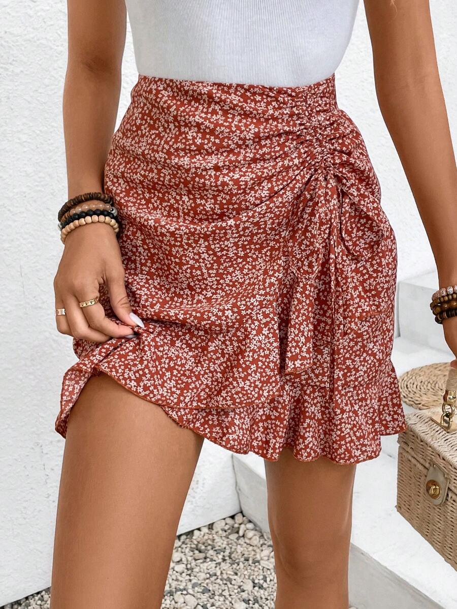 SHEIN Frenchy Women's Floral Print Wrap Mini Skirt With Ruffle Hem Wrap Skirt - Multicolor - View 1