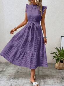 SHEIN LUNE Women's Stand Collar Cap Sleeve Dress With Frill Edging,Lavender Dress - Purple - View 3
