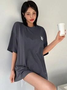 DAZY 宽松短袖T恤，印有标语。生活态度很重要，熟能生巧。世上无难事，只怕有心人。知识就是力量，今天能做的事，明天再说。超大T恤，印花T恤 - 深灰色 - 查看 5