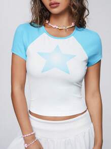 SHEIN Qutie Khối màu Ngôi sao In Y2K Ngắn tay Áo thun Đối với phụ nữ - Màu xanh lam - Xem 7