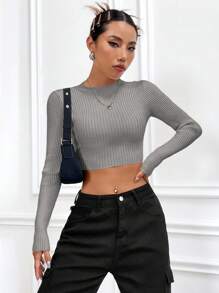 Flirla Women Sweaters Rib-Knit Plain Casual - Grey - View 3