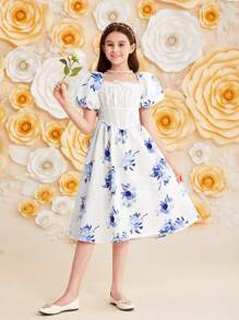 SHEIN DRMZ Tween Girl Tween Girl Waist Gathering Long Dress With Square Neckline, Floral Print, Short Puff Sleeves And Bubble Hem