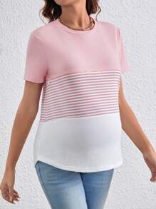 SHEIN Maternity Striped Color Block Breastfeeding Nursing T-Shirt - Pink - View 5