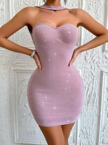 Zolique Backless Halter Fitted Dress With Silver Foil Print - Pink - View 3