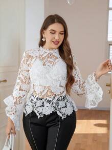 SHEIN Privé Elegant系帶泡袖蕾絲上衣(無胸墊) - 白色 - 查看 3