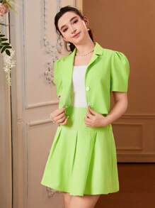 少女休閒校園風短袖西裝外套搭配背心背心和迷你裙套裝 - 彩色 - 查看 3