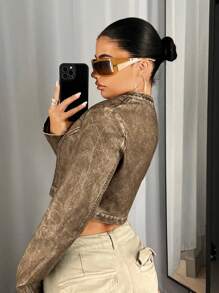 SHEIN ICON Women's Zippered Cropped Fall Clothes Women Jacket,Ladies Late Fall Casual Zipper Regular Sleeve Stand Collar Regular Fit Coffee Brown Plain Women Jackets,Casual Daily Wear