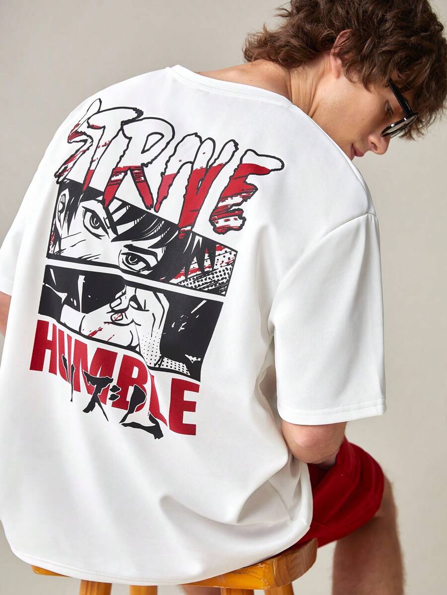 Manfinity VCAY 男士卡通字母印花休閒t恤和純色短褲套裝