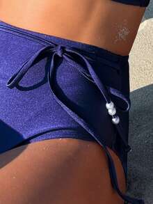 SHEIN Swim Women's Solid Color Asymmetric Neckline Bikini Set Top With Pearl Decor And Bottom Set, Vacation Bikini Set Summer Beach - Blue - View 6