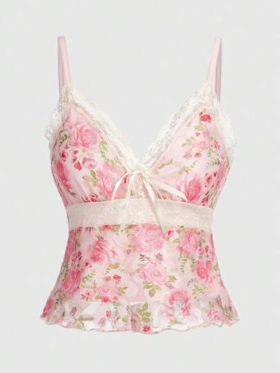 Fairycore Top De Tirantes Con Estampado Floral, Encaje Y Parches Decorativos