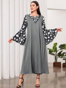 Al Najma Plaid Flower Print Patchwork Bell Sleeve Dress - Grey - View 2