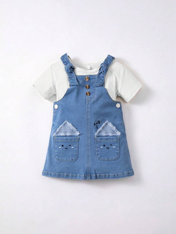 Baby Girl Light Wash Denim Overall Dress With Cute Embroidery (Spring/Summer)