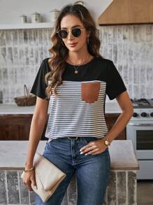 SHEIN LUNE Camiseta casual de mujer con bloques de color y parches a rayas - Negro - Ver 5