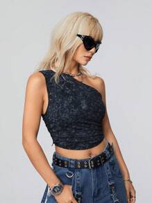 SHEIN EZwear Haut Court Asymétrique Avec Col, Effet Délavé Et Noeuds À La Teinture Pour Un Style