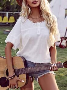 SHEIN VCAY 假期實色流蘇邊女短袖襯衫 - 白色 - 查看 1