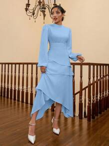 GENKIRA Đầm cổ đứng tay dài viền bất đối xứng, Đầm dự tiệc cưới trang phục đi nghỉ cho nữ - Màu xanh lam - Xem 5